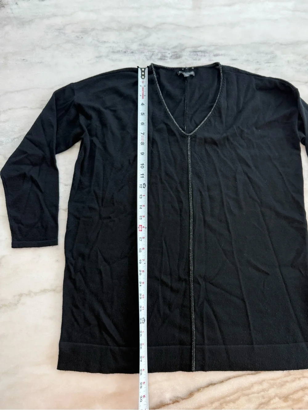 Eileen Fisher Merino Wool Metallic Trim V Neck Sweater Black Women Size S